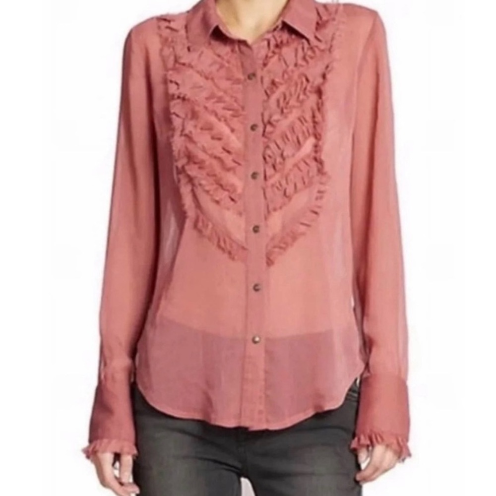 Free People Sheer Ruffle Tuxedo Blouse S